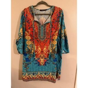 Urban Coco Women's Tunic Top Boho Baroque Print Tassel Tie Neck‎ Turquoise  XL